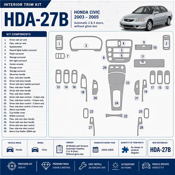 Honda Civic 2003-2005 3D Cockpit Dekor Interieurleisten Set As shown in product diagram-teilig