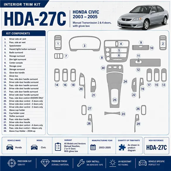 Honda Civic 2003-2005 3D Cockpit Dekor Interieurleisten Set As shown in product diagram-teilig