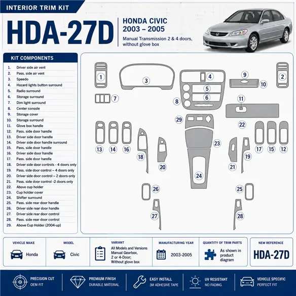Honda Civic 2003-2005 3D Cockpit Dekor Interieurleisten Set As shown in product diagram-teilig