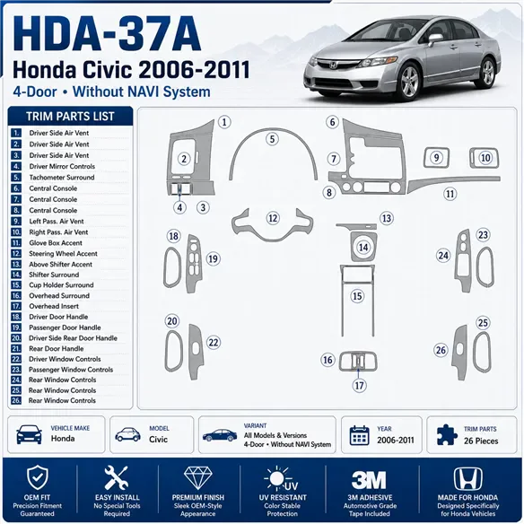 Honda Civic 2006-2011 3D Cockpit Dekor Interieurleisten Set As shown in product diagram-teilig
