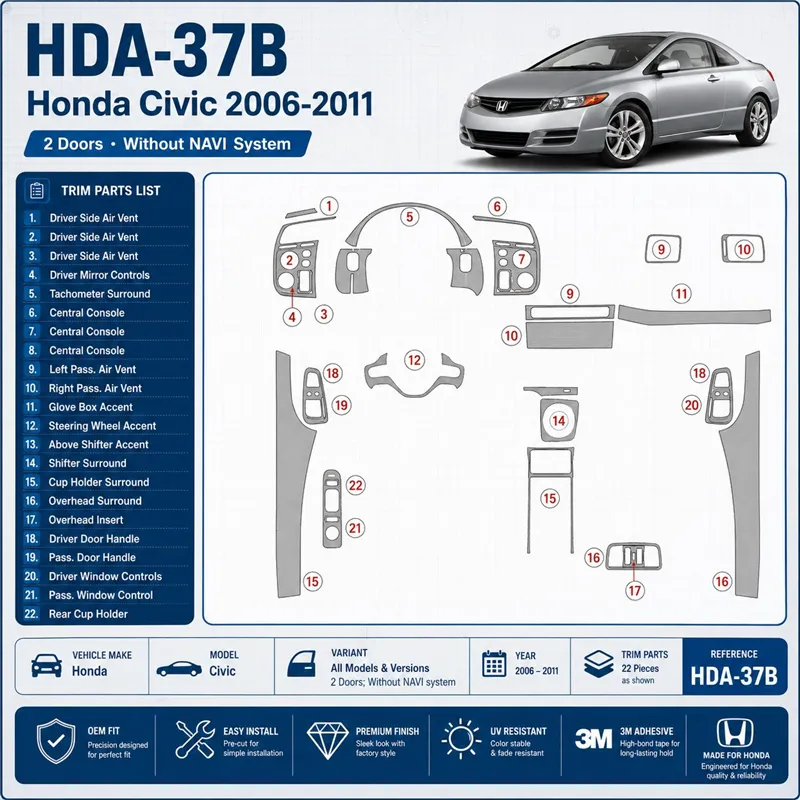 Honda Civic 2006-2011 3D Cockpit Dekor Interieurleisten Set As shown in product diagram-teilig