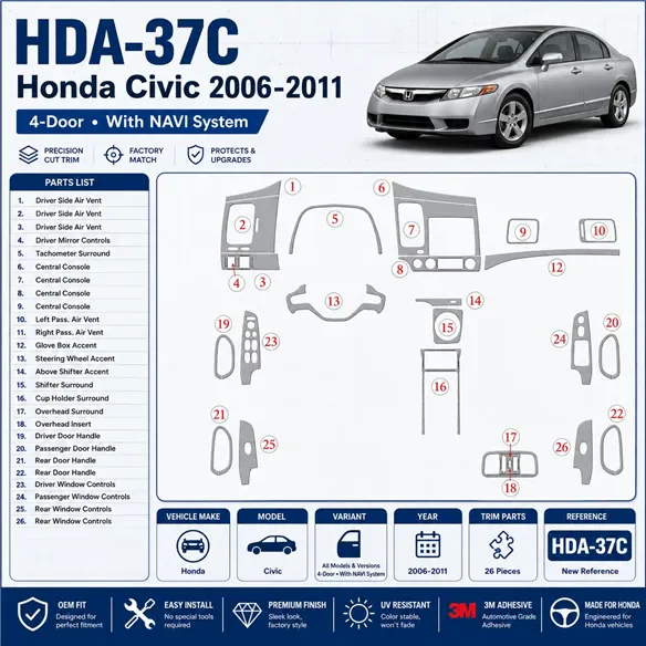 Honda Civic 2006-2011 3D Cockpit Dekor Interieurleisten Set As shown in product diagram-teilig