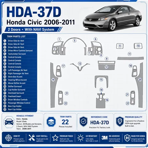 Honda Civic 2006-2011 3D Cockpit Dekor Interieurleisten Set As shown in product diagram-teilig