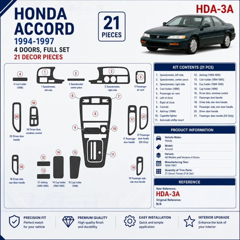 Honda Accord 1994-1997 3D Cockpit Dekor Interieurleisten Set 21-teilig