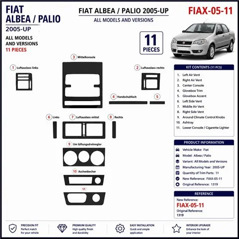 Fiat Albea 2005+ 3D Armaturenbrett-Dekor-Set, 11 Teile 2