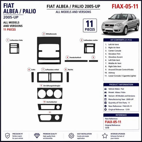 Fiat Albea 2005+ 3D Armaturenbrett-Dekor-Set, 11 Teile