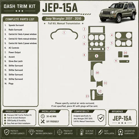 Jeep Wrangler 2007-2010 3D Cockpit Dekor Interieurleisten Set Full Set / as shown in product diagram-teilig