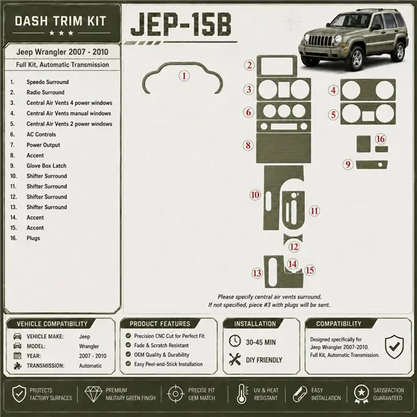 Jeep Wrangler 2007-2010 3D Cockpit Dekor Interieurleisten Set Full Set / as shown in product diagram-teilig