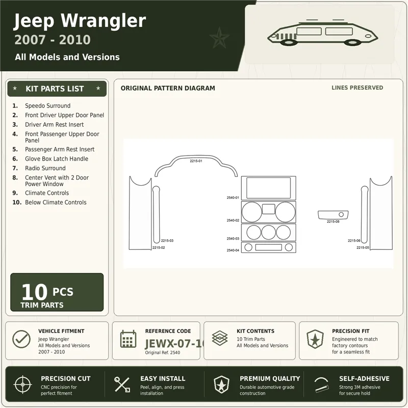 Jeep Wrangler 2007-2010 3D Cockpit Dekor Interieurleisten Set 10-teilig