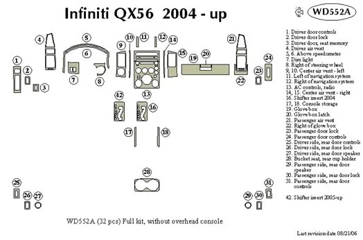 Infiniti QX56 2004-2007 Voll Satz BD innenausstattung armaturendekor cockpit dekor - 1- Cockpit Dekor Innenraum Infiniti QX56 2004-2007 Voll Satz BD innenausstattung armaturendekor cockpit dekor - 1- Cockpit Dekor Innenraum