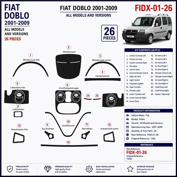 Fiat Doblo 2001-2009 3D Armaturenbrett-Dekor-Set, 26 Teile