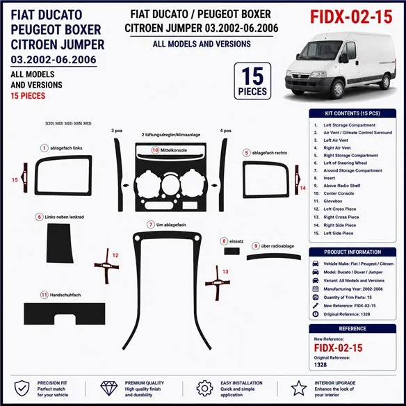 Fiat Ducato 2002-2006 3D Armaturenbrett-Dekor-Set, 15 Teile