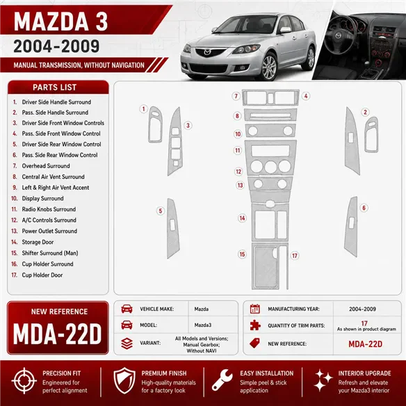 Mazda Mazda3 2004-2009 3D Cockpit Dekor Interieurleisten Set As shown in product diagram-teilig