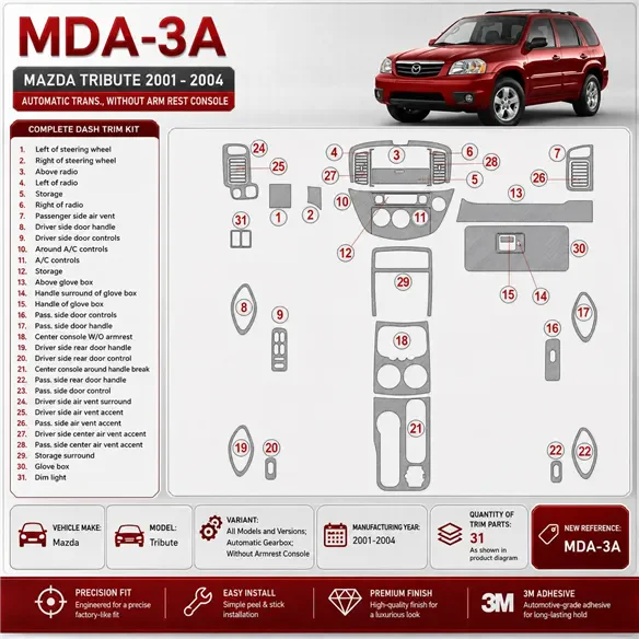 Mazda Tribute 2001-2004 3D Cockpit Dekor Interieurleisten Set As shown in product diagram-teilig