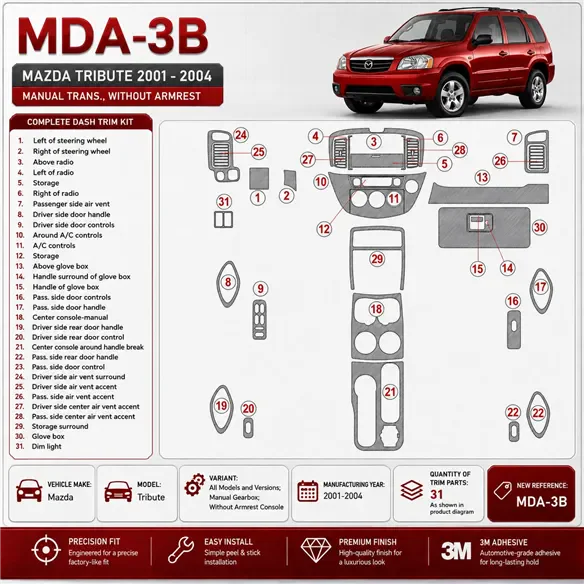 Mazda Tribute 2001-2004 3D Cockpit Dekor Interieurleisten Set As shown in product diagram-teilig