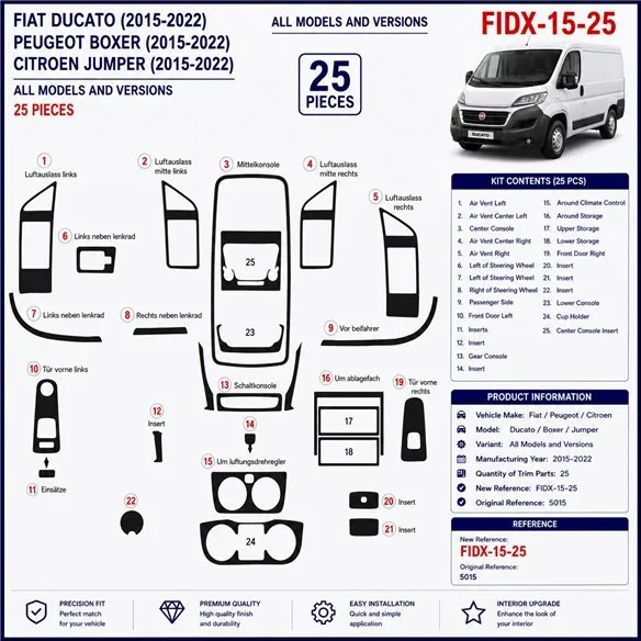 Fiat Ducato 2014 3D Armaturenbrett-Dekor-Set, 25 Teile