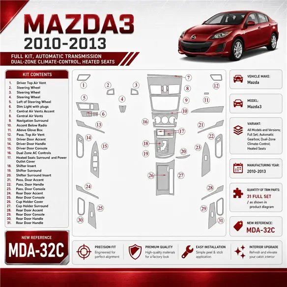 Mazda Mazda3 2010-2013 3D Cockpit Dekor Interieurleisten Set Full Set / as shown in product diagram-teilig