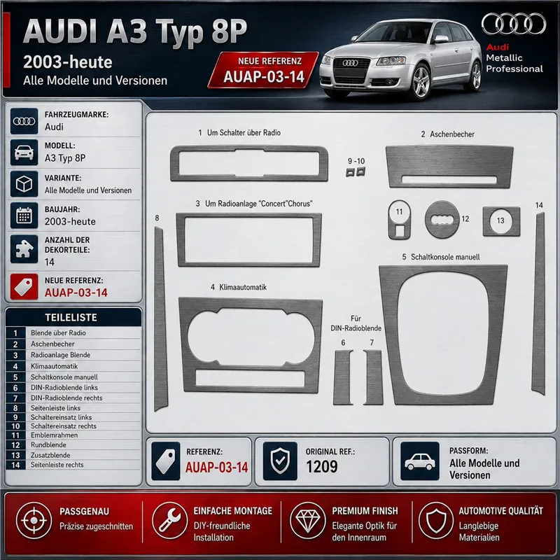 Audi A3 Typ 8P 2003-heute 3D Cockpit Dekor Interieurleisten Set 14-teilig