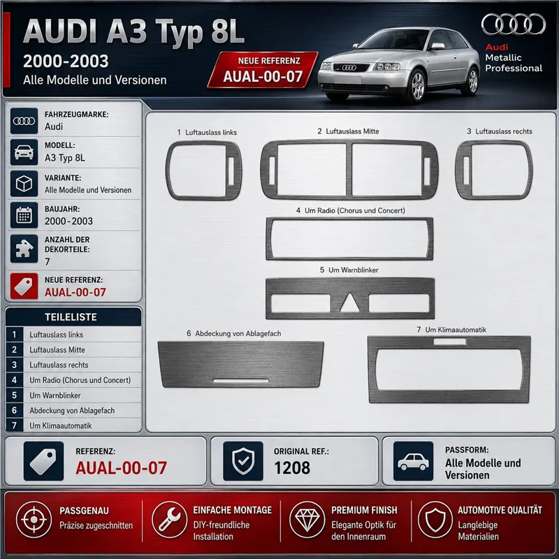Audi A3 Typ 8L 2000-2003 3D Cockpit Dekor Interieurleisten Set 7-teilig