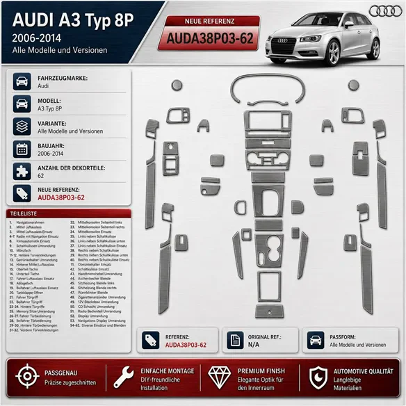 Audi A3 Typ 8P 2006-2014 3D Cockpit Dekor Interieurleisten Set 62-teilig