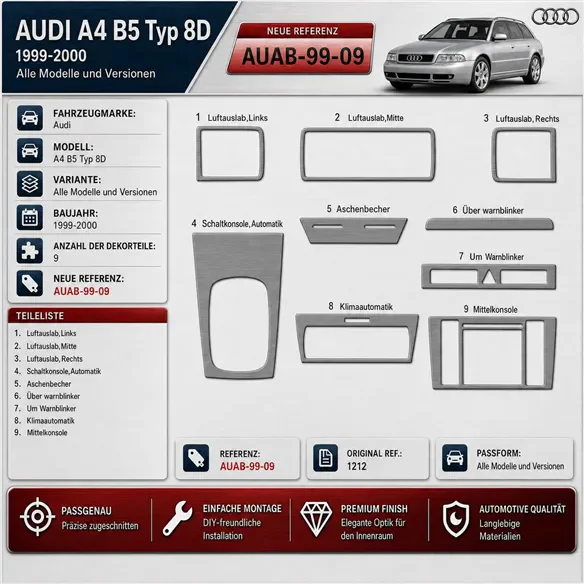 Audi A4 B5 Typ 8D 1999-2000 3D Cockpit Dekor Interieurleisten Set 9-teilig