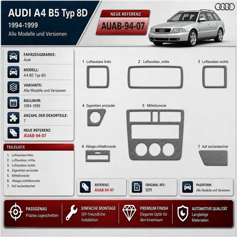 Audi A4 B5 Typ 8D 1994-1999 3D Armaturenbrett-Dekor-Set, 7 Teile 2