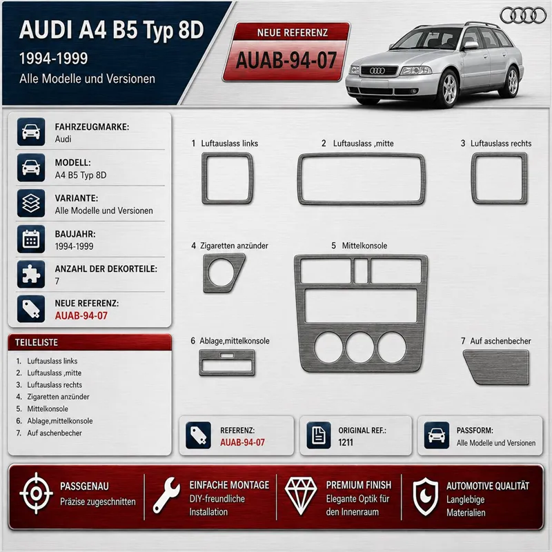 Audi A4 B5 Typ 8D 1994-1999 3D Cockpit Dekor Interieurleisten Set 7-teilig
