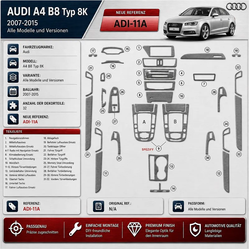 Audi A4 B8 Typ 8K 2007-2015 3D Cockpit Dekor Interieurleisten Set 32-teilig
