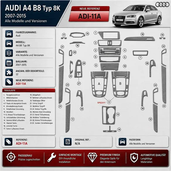 Audi A4 B8 Typ 8K 2007-2015 3D Cockpit Dekor Interieurleisten Set 32-teilig