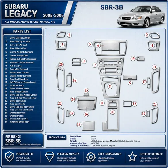 Subaru Legacy 2005-2006 3D Cockpit Dekor Interieurleisten Set As shown in product diagram-teilig