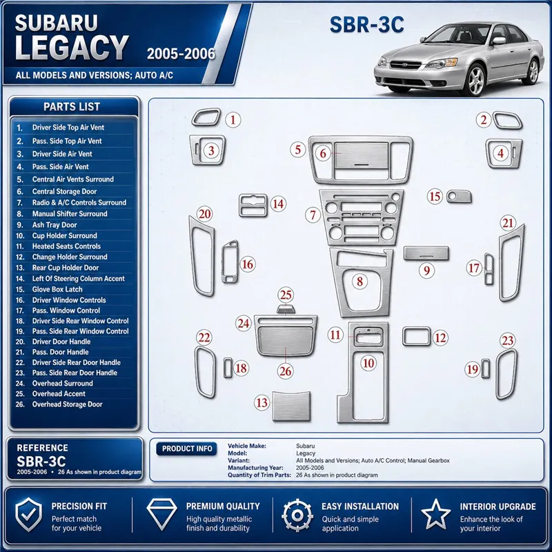 Subaru Legacy 2005-2006 3D Cockpit Dekor Interieurleisten Set As shown in product diagram-teilig