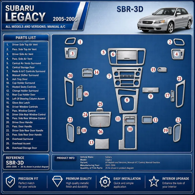 Subaru Legacy 2005-2006 3D Cockpit Dekor Interieurleisten Set As shown in product diagram-teilig
