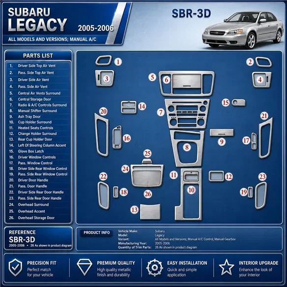 Subaru Legacy 2005-2006 3D Cockpit Dekor Interieurleisten Set As shown in product diagram-teilig