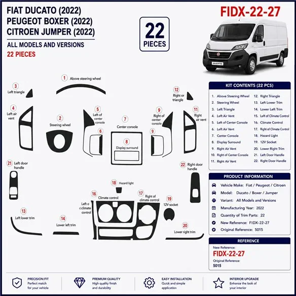 Fiat Ducato 2022 3D Armaturenbrett-Dekor-Set, 22 Teile