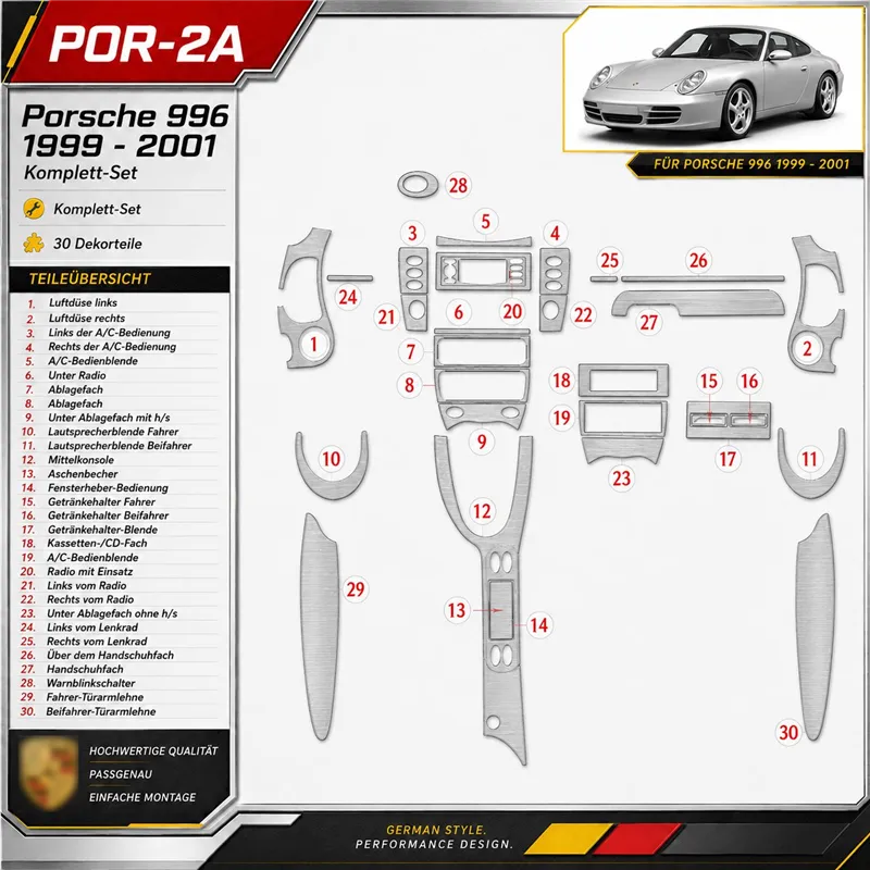 Porsche 996 1999-2001 3D Cockpit Dekor Interieurleisten Set Full Set / as shown in product diagram-teilig