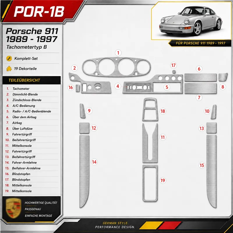 Porsche 911 1989-1997 3D Cockpit Dekor Interieurleisten Set As shown in product diagram-teilig
