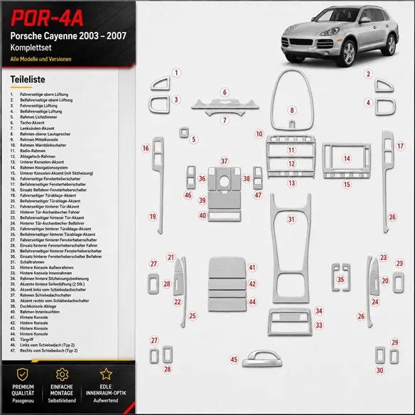 Porsche Cayenee 2003-heute 3D Cockpit Dekor Interieurleisten Set As shown in product diagram-teilig