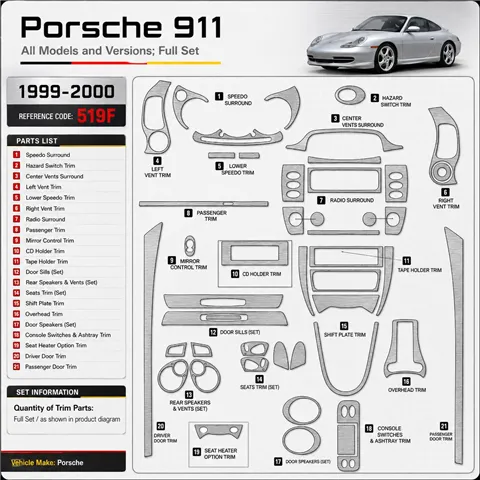 Porsche 911 1999-2000 3D Cockpit Dekor Interieurleisten Set Full Set / as shown in product diagram-teilig