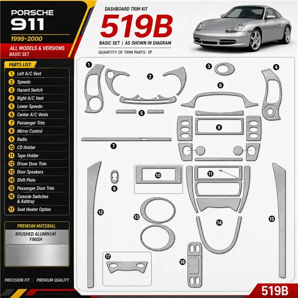 Porsche 911 1999-2000 3D Cockpit Dekor Interieurleisten Set Basic Set / as shown in product diagram-teilig