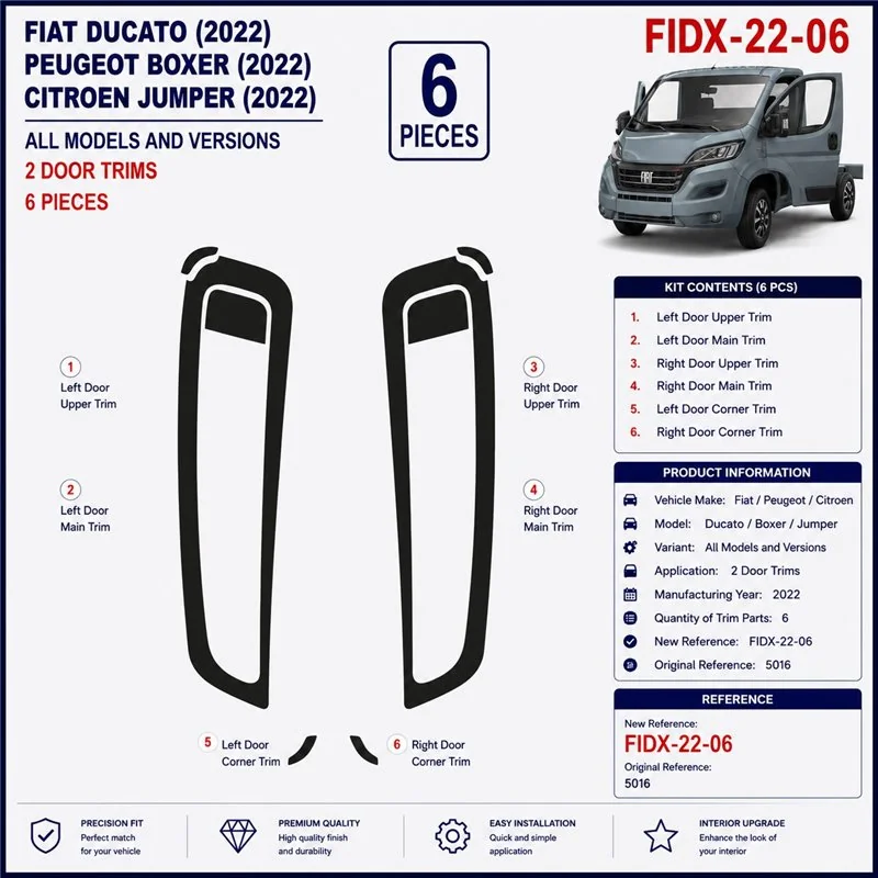 Fiat Ducato 2022 Türen 3D Armaturenbrett-Dekor-Set, 6 Teile