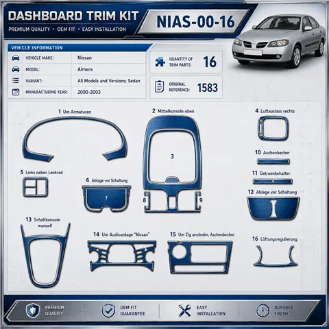 Nissan Almera 2000-2003 3D Cockpit Dekor Interieurleisten Set 16-teilig