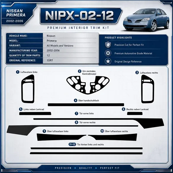 Nissan Primera 2002-2006 3D Cockpit Dekor Interieurleisten Set 12-teilig