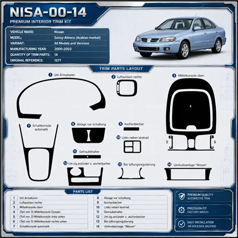 Nissan Sunny-Almera Arabian 2000-2003 3D Cockpit Dekor Interieurleisten Set 14-teilig