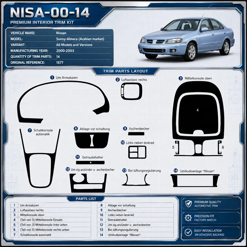 Nissan Sunny-Almera Arabian 2000-2003 3D Cockpit Dekor Interieurleisten Set 14-teilig
