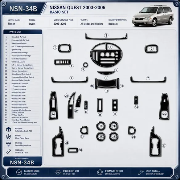 Nissan Quest 2003-2006 3D Cockpit Dekor Interieurleisten Set Basic Set / as shown in product diagram-teilig