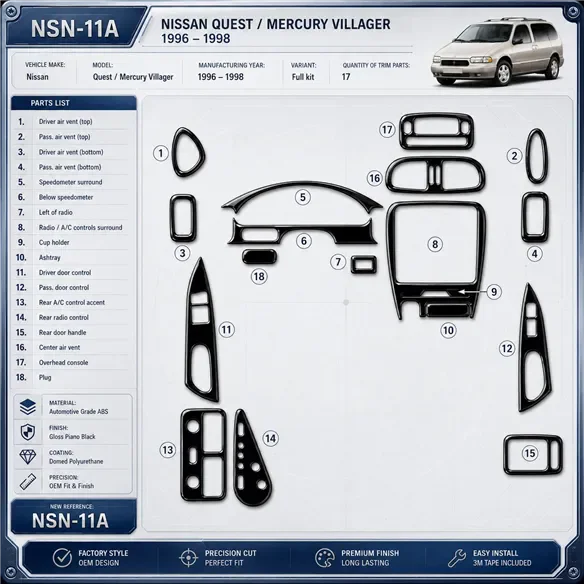 Nissan Quest 1996-1998 3D Cockpit Dekor Interieurleisten Set 17-teilig