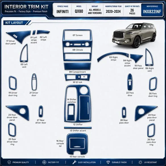 Infiniti QX80 2020-2024 3D Cockpit Dekor Interieurleisten Set 26-teilig