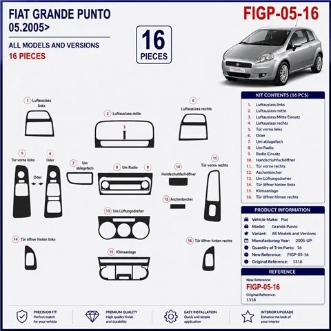 Fiat Grande Punto 2005+ 3D Armaturenbrett-Dekor-Set, 16 Teile 2