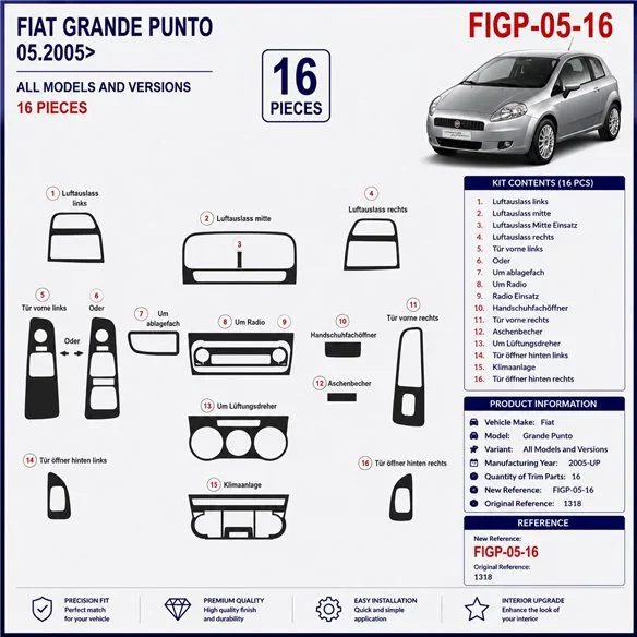 Fiat Grande Punto 2005+ 3D Armaturenbrett-Dekor-Set, 16 Teile