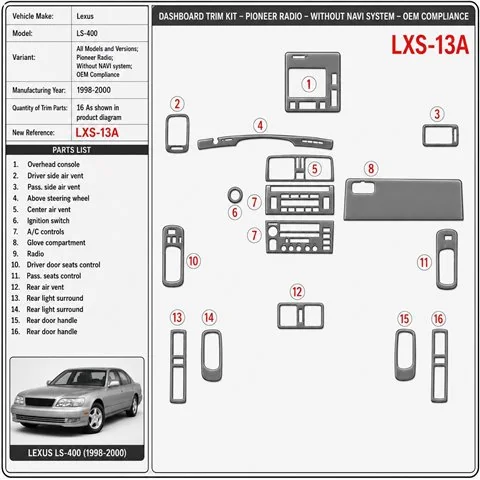 Lexus LS-400 1998-2000 3D Cockpit Dekor Interieurleisten Set As shown in product diagram-teilig